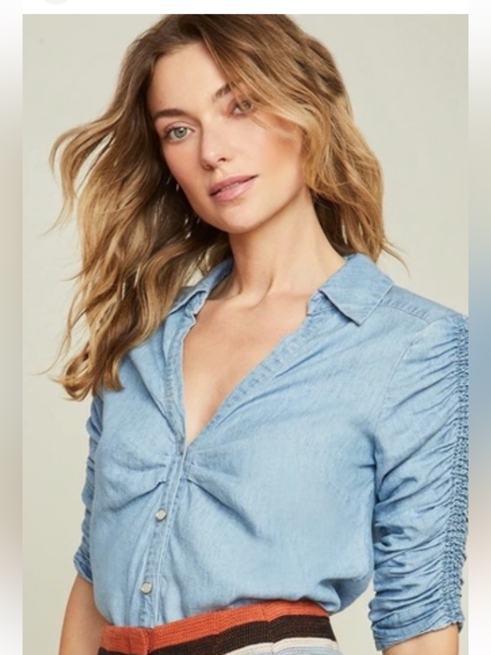 Veronica Beard Porta Ruched Denim Blouse - Cornflower Wash Size 10